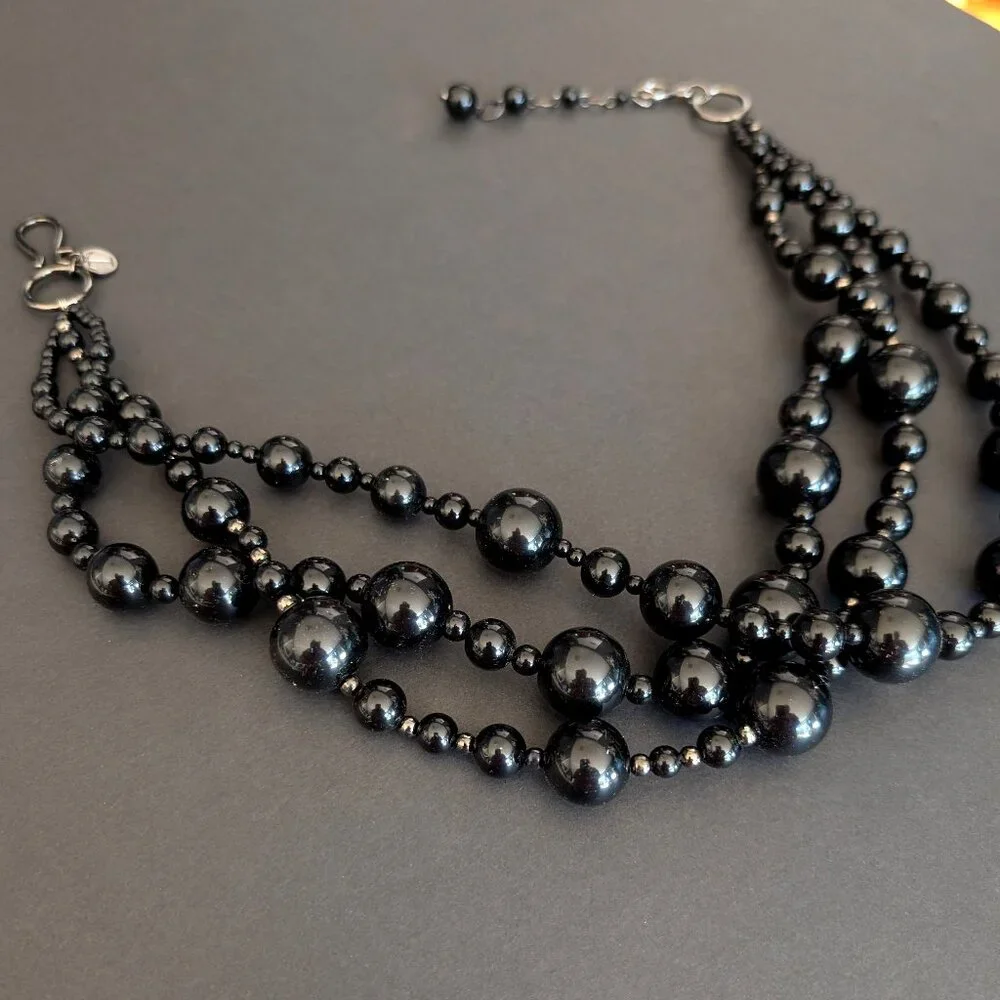 Talbots chunky glossy black and hematite beaded layered necklace